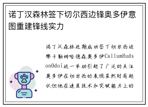 诺丁汉森林签下切尔西边锋奥多伊意图重建锋线实力 诺丁汉森林签下切尔西边锋奥多伊意图重建锋线实力